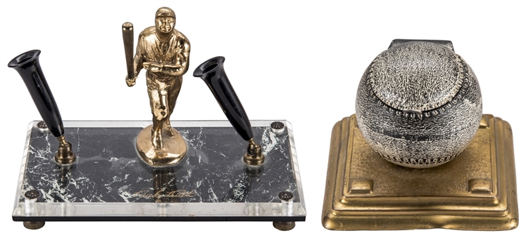 Babe Ruth Desk Set and Antique Baseball Inkwell 